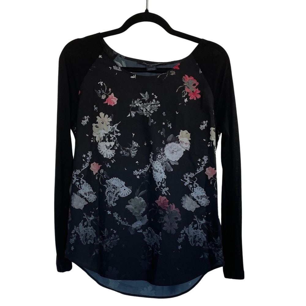 French Connection Black Floral Raglan 3/4 Sleeve Top Small